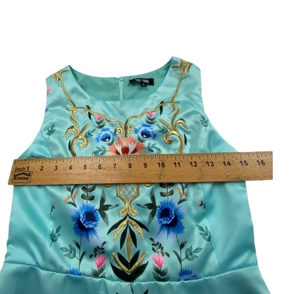 NWOT Sky Blue Embroidered Floral A-line Sleeveless Satin Sundress size Small - Picture 6 of 9